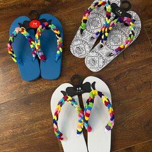 Blue and White Slippers with Colorful Embellishments